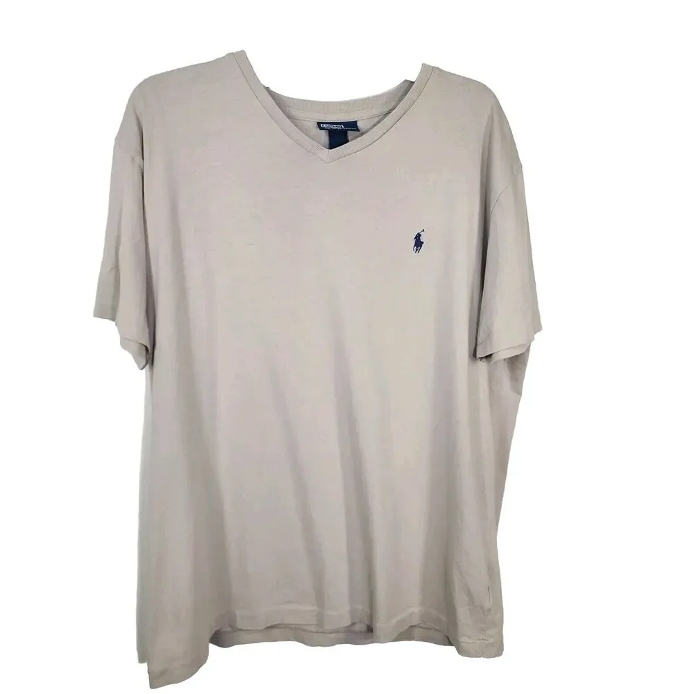 Polo Ralph Lauren Mens T Shirt Large Gray Short Sleeve Blue Pony Cotton V Neck